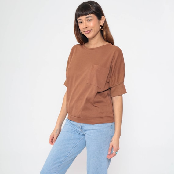 Brown Pocket Shirt 80s Top Short Dolman Sleeve T Shirt Slouchy Chest Pocket 1980s Retro Tee Vintage Plain Crewneck Large L