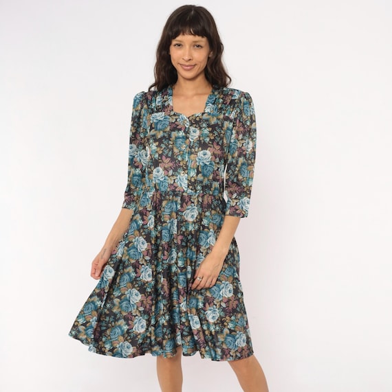 80s Rose Dress Blue Floral Button Front Sweetheart Neckline Puff Sleeve Fit Flare Full Skirt Dark Cottagecore Prairie Fall Flower Large L