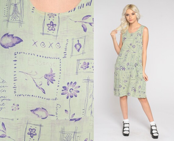 Abstract Floral Dress 90s Sage Green Mini Dress Boho Pocket Shift Dress Flower Handwriting Print Day Dress Sleeveless Vintage 1990s Medium M