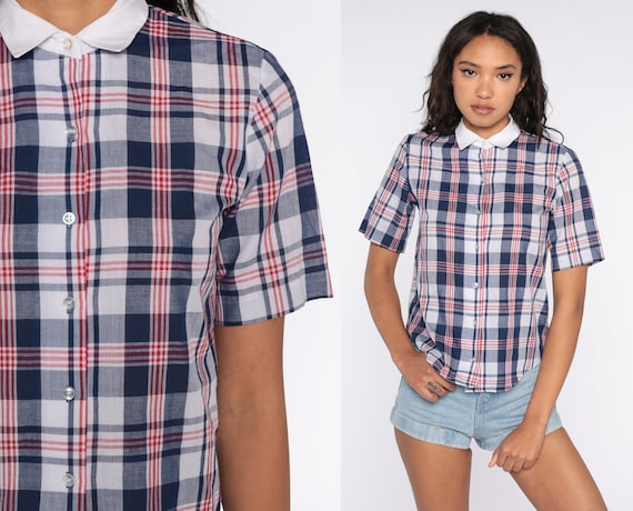 Blue Plaid Shirt 80s Button Up Shirt Checkered Print Shirt Preppy Top 1980s Top Short Sleeve Shirt Vintage White Small S