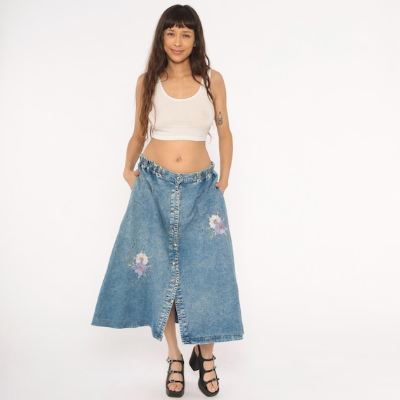 Floral Embroidered Denim Skirt 90s Acid Wash Jean Midi Button Front A Line Elastic Waist Prairie Rhinestone Blue Cotton Extra Large XL