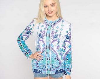 70s Psychedelic Blouse Floral Top Mod Flower Swirl Heart Print Hippie Shirt Groovy Seventies Long Sleeve Blue Purple Vintage 1970s Small S