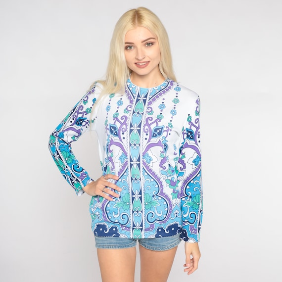 70s Psychedelic Blouse Floral Top Mod Flower Swirl Heart Print Hippie Shirt Groovy Seventies Long Sleeve Blue Purple Vintage 1970s Small S