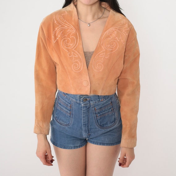 Cropped Suede Jacket 90s Brown Tan Leather Embroi… - image 8