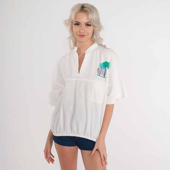 Palm Tree Shirt 90s Mazatlan Mexico T-Shirt White Banded Hem Top Tropical Graphic Tee Short Sleeve V Neck Retro Vintage 1990s Medium Large