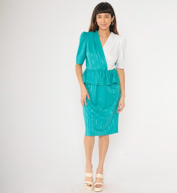 Vintage 80s Color Block Dress Teal Green White Striped Peplum Faux Wrap Midi Short Puff Sleeve High Elastic Waist Retro 1980s Blouson Small