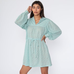 Sheer Psychedelic Dress Seafoam Blue Dress Hippie Print Mini 70s Hippie Boho High Waist Balloon Sleeve Vintage 1970s Minidress Medium Large
