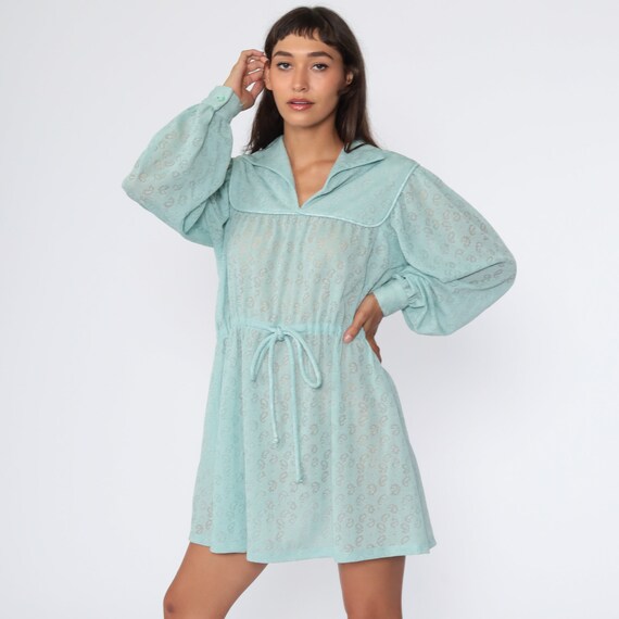 Sheer Psychedelic Dress Seafoam Blue Dress Hippie Print Mini 70s Hippie Boho High Waist Balloon Sleeve Vintage 1970s Minidress Medium Large
