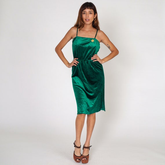 Green Velour Dress 70s Velvet Party Dress Floral … - image 2