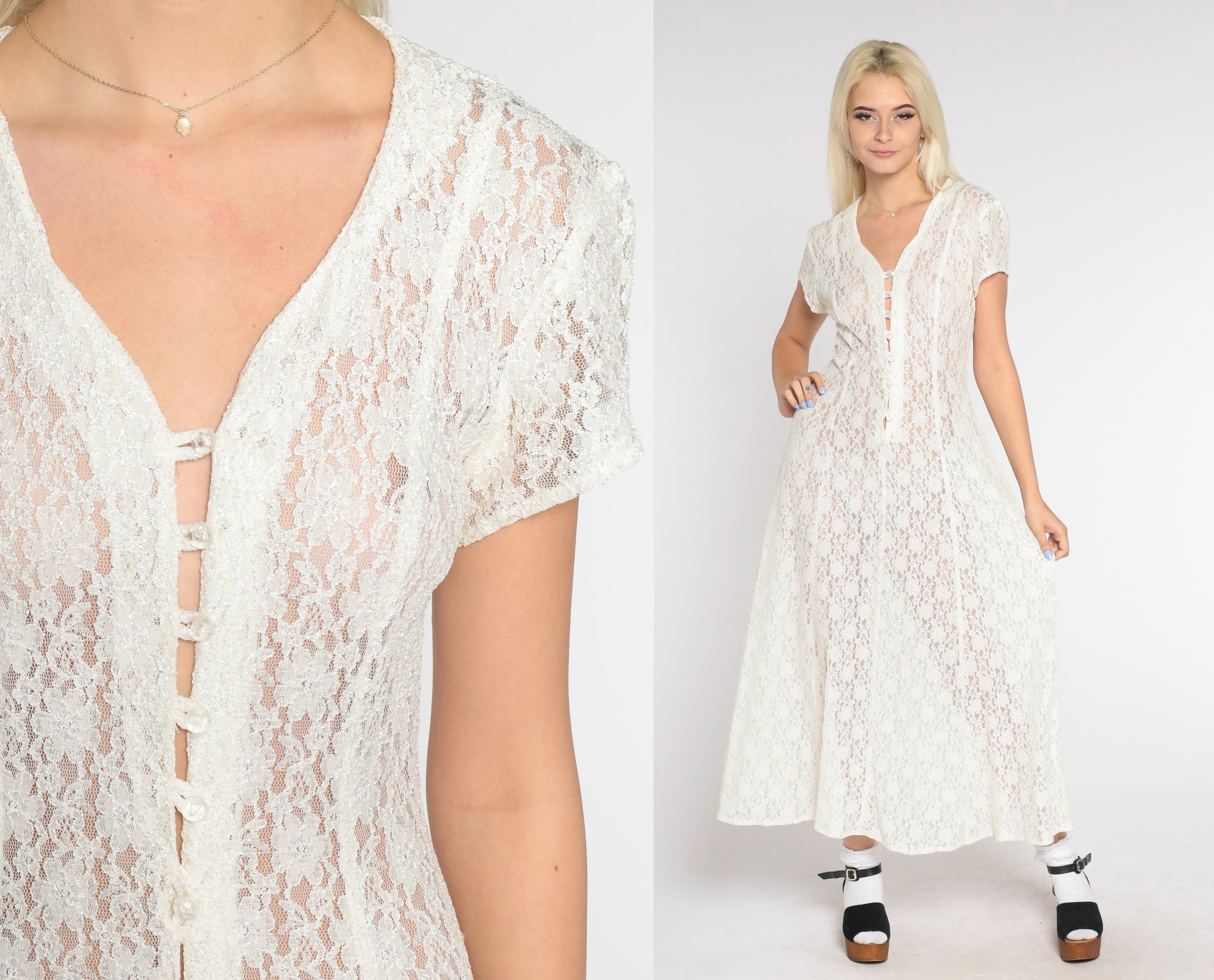 White Lace Maxi Dress 90s All That Jazz Sheer Dress Grunge Boho Hippie