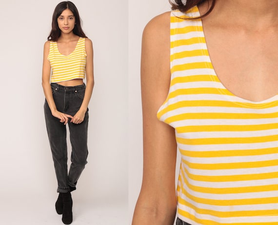 Striped Crop Top 80s Tank Top Retro Shirt Yellow Striped Sleeveless Top 1980s Hipster Tee Vintage White Medium