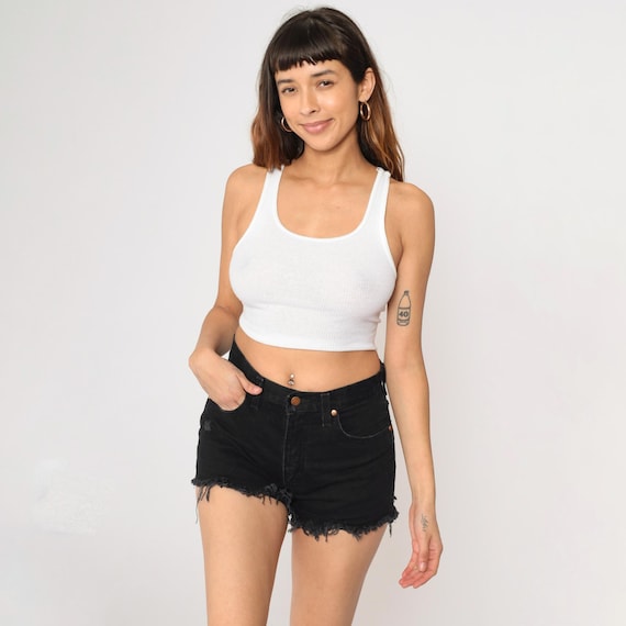 Vintage Black Denim Shorts 90s Wrangler Shorts High Rise Cutoffs 1990s Cut Offs Black Frayed Jean Shorts Hippie Medium 8