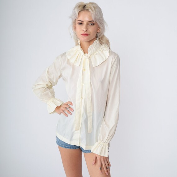 Ruffled Necktie Blouse 70s Victorian Shirt High Neck Ruffle Neck Tie Pussy Bow Top Long Sleeve Button up Secretary Boho Vintage 1970s Medium