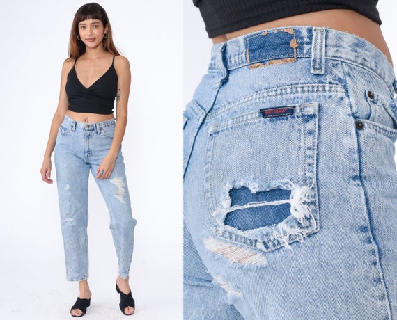 90s Ripped Jeans Brittania Tapered Mom Jeans Denim Pants Straight Leg Jeans Mid Rise Waist Jeans 1990s Distressed Worn In Vintage Small