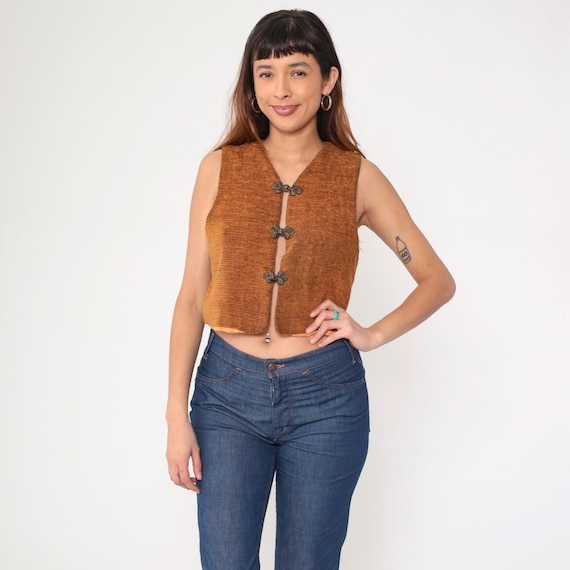 90s Frog Closure Vest Burnt Orange Boho Woven Button Up Cropped Chinese Knot Vest 1990s Vintage Plain Bohemian Top Medium M