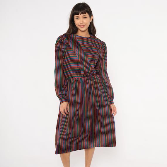 Rainbow Stripe 80s Dress Multicolor Chevron Geometric Print Gathered Waist Colorful Puff Shoulder Zigzag Pattern Vintage Medium To Large L
