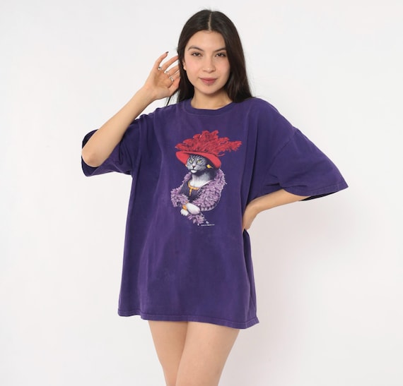 Y2K Fancy Feline Tee Red Hat Cat Purple Print Funny Animal Illustration Feather Boa Violet Grape Whimsical Quirky Shirt Extra Large XL