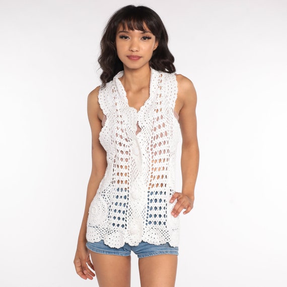 Crochet Vest White Crochet Jacket Top 90s SHEER Jacket Bohemian Open Weave Cut Out Knit 1990s Boho Vintage Bohemian Small Medium
