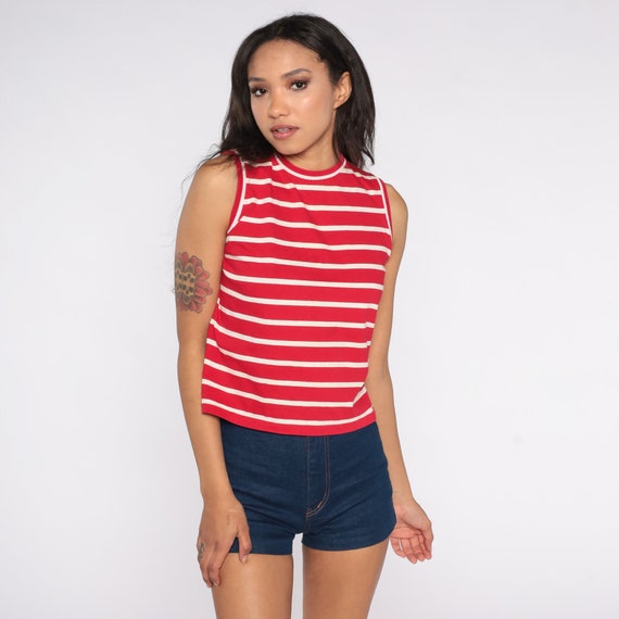 70s Tank Top Red Striped Shirt Tee Knit Mod Shirt Retro Top Sleeveless Bohemian 1970s Vintage White Small S