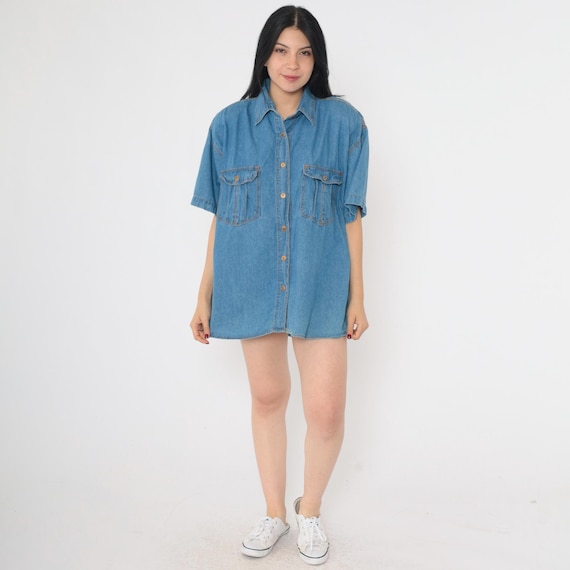 Vintage 90s Denim Shirt Short Sleeve Blue Jean Button up Collared Retro Top Plain Casual Utility Pocket 1990s Oversized Women's 38 Medium