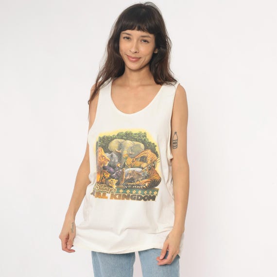 Animal Kingdom Tank Top 90s White Cotton Graphic Tee Walt Disney World Safari Animals Lion Tiger Elephant Giraffe Vintage Extra Large XL