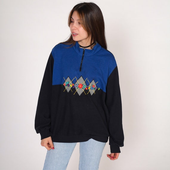 Embroidered Floral Sweatshirt 90s Quarter Zip Sweater Black Blue Color Block Houndstooth Diamond Patch Vintage 1990s Alfred Dunner Large L