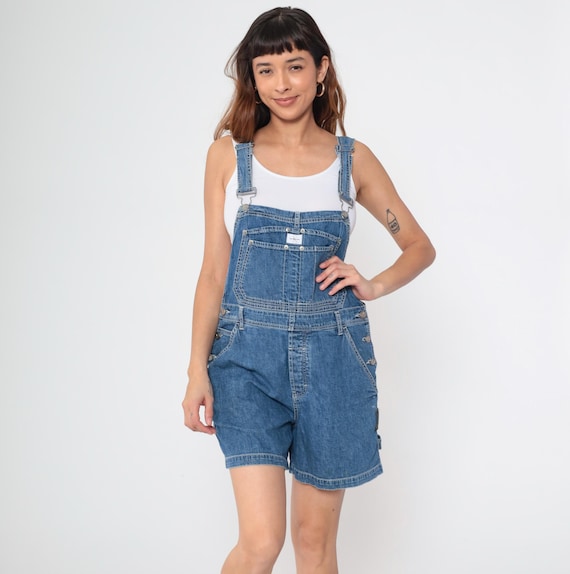 Calvin Klein Overalls 90s Shorts Denim Shortalls Women Bib Jean Overalls CK Grunge 1990s Suspender Vintage Blue Medium