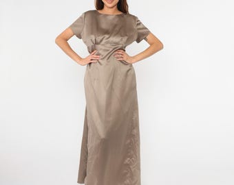 Vintage Satin Maxi Kleid 90er Party Kleid Mocca Braun Tiefer Bogen Rücken Empire-Taille Kurzarm Kleid 1990er Jahre Cocktail Lang Seide S6