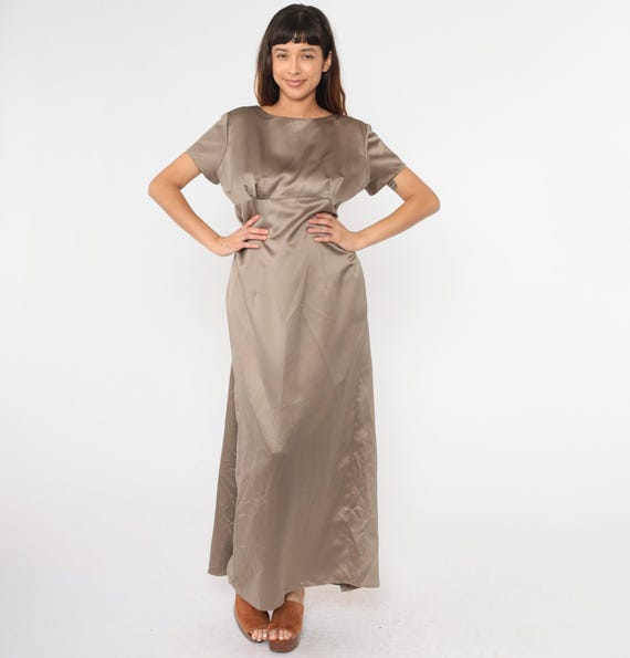 Vintage Satin Maxi Dress 90s Party Dress Mocha Brown Low Bow Back Empire Waist Short Sleeve Dress 1990s Long Cocktail Silky Small 6