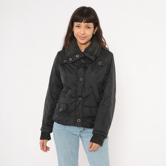 2000s Dollhouse Black Bomber Snap Front Knit Collar Cuffs Nylon Windbreaker Jacket Grommet Detail Patch Pocket Cropped Coat Women Medium M