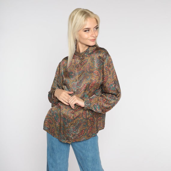 Paisley Silk Blouse 80s Button Up Top Retro Bohemian High Neck Long Sleeve Shirt Romantic Hippie Professional Party Vintage 1980s Large L