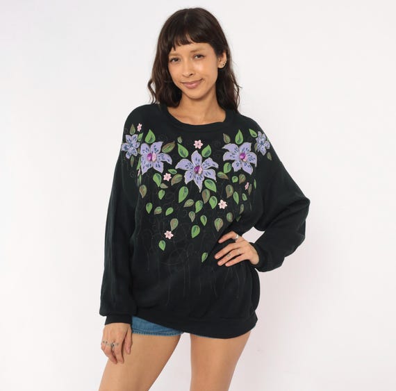 90s Floral Painted Sweatshirt Black Purple Lily Flower Cotton Pullover Relaxed Fit Jeweled Embellished Vine Leaf Top Vintage Womens Large L