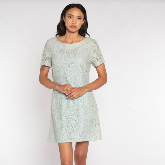LACE Mini Dress 60s Mod Party 1960s Cocktail Baby Blue Pastel Bohemian Shift Vintage Boho Wedding Sheer Sleeve Formal Medium