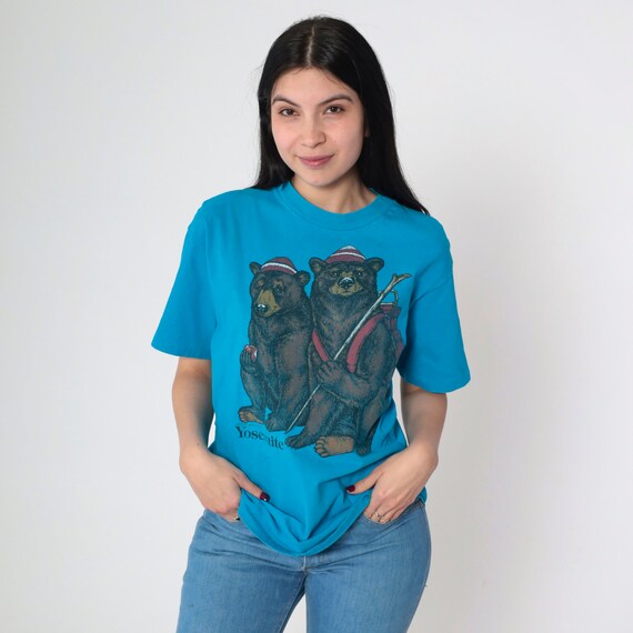 90s Yosemite Shirt Brown Bear Tshirt California National Park T Shirt Blue Retro Tee 1990s Vintage Blue Hiking Graphic Single Stitch Medium