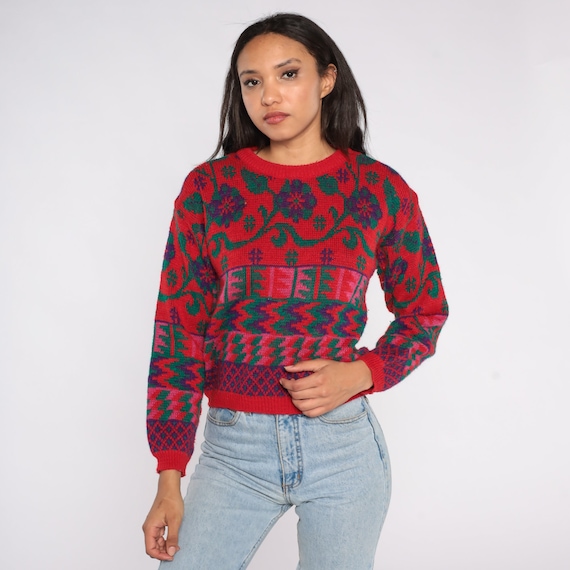 80s Floral Sweater Red Jacquard Sweater Geometric Slouchy Sweater 1980s Pullover Vintage Acrylic Knit Sweater Oversize Extra Small xs
