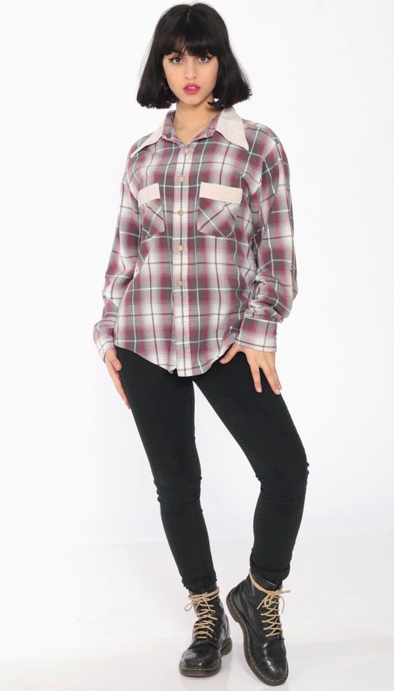 70s Plaid Shirt Grey Burgundy Checkered Lumberjack Shirt Faded Grunge 1970s Vintage Button Up Top Long Sleeve Pocket Small Medium