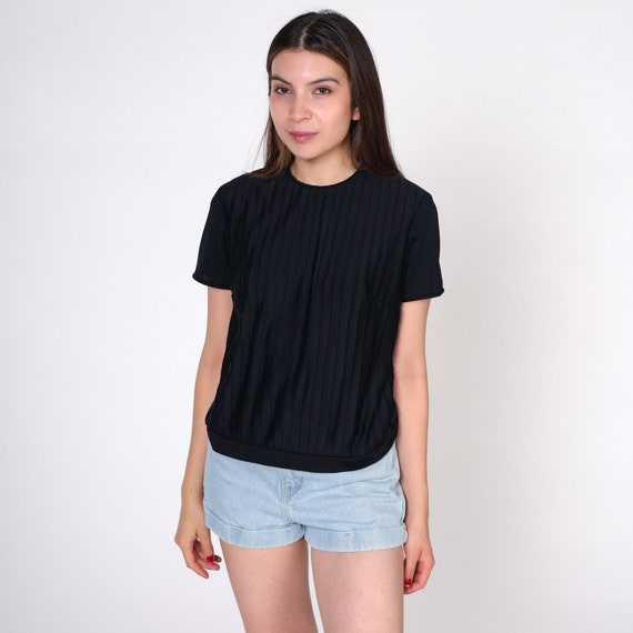 60s Blouse Plain Black Button Back Shirt Ribbed Shirt Formal Top 1960s Party Shirt Nylon Short Sleeve Blouse Textured Small Medium
