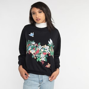 90s Bird Sweatshirt Black Turtleneck Sweatshirt Retro Grandma Sweater Floral Wreath Print Pullover Cute Kawaii Holiday 1990s Vintage Medium