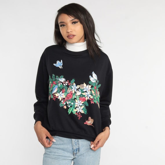 90s Bird Sweatshirt Black Turtleneck Sweatshirt Retro Grandma Sweater Floral Wreath Print Pullover Cute Kawaii Holiday 1990s Vintage Medium
