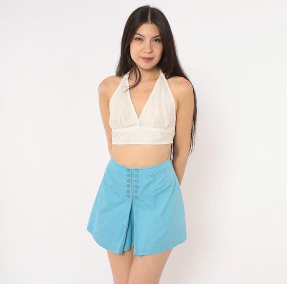 60s Skort High Waisted Powder Blue Cotton Shorts Skirt Button Front Sailor Pleated Mini Mod Tennis Culottes Womens Vintage Small S