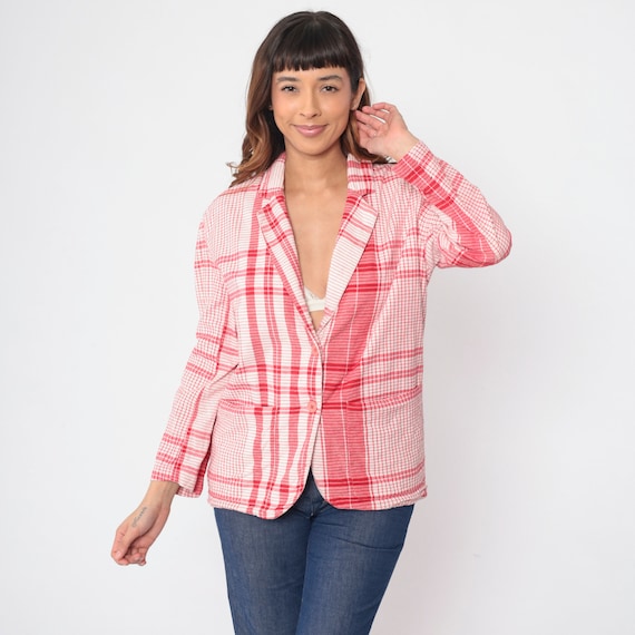 80s Plaid Blazer Jacket Williwear Willi Smith Red White Checkered Print Cotton Jacket 1980s Retro Collared Vintage Tartan Oversized Small S