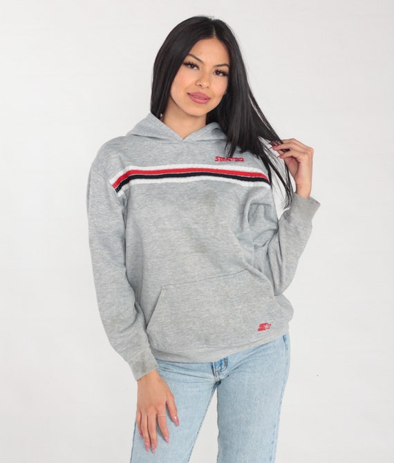 Starter Hoodie 90s Heather Grey Hooded Sweatshirt Red White Black Striped Pullover Sweater Kangaroo Pocket Vintage 1990s Hood Small Medium