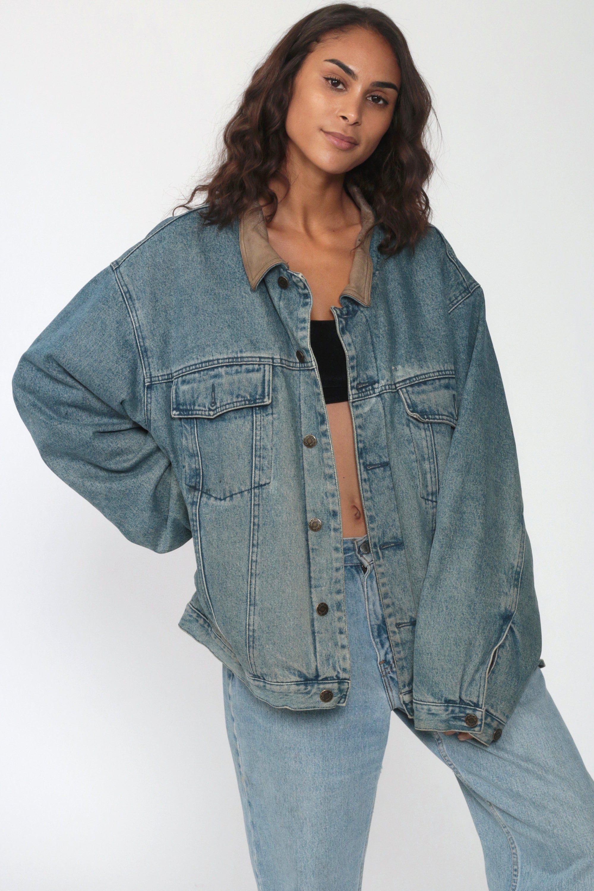 80s Denim Jacket LEATHER COLLAR Jean Jacket Plaid Lined Trucker Grunge Oversized 90s Button Up 
