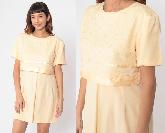 Yellow Eyelet Dress 90s Floral Embroidered Shift … - image 1