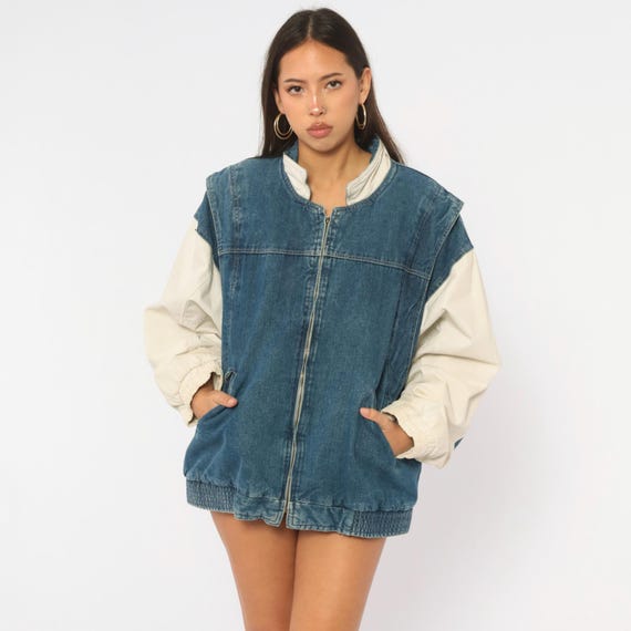 90s Denim Bomber Jacket Blue White Color Block Jean Coat Zip Front Cotton Slouchy Boxy Dolman Sleeve Grunge Vintage Unisex Womens Large L