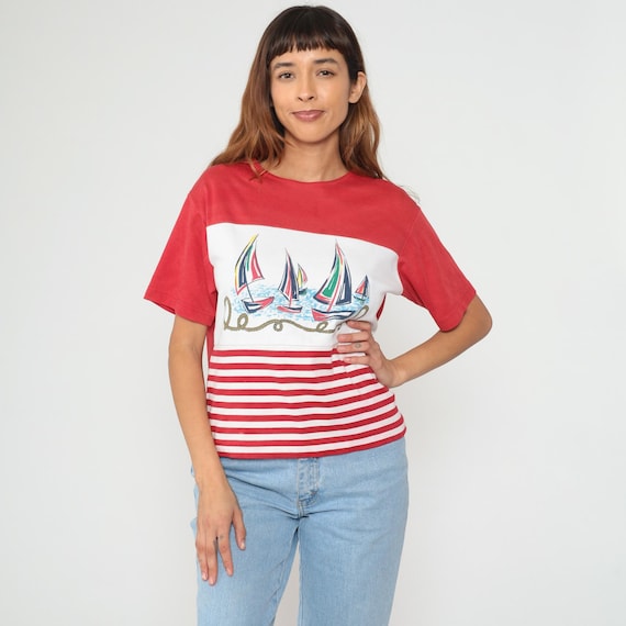 90s Sailboat Shirt Nautical Red White Striped Cotton Vintage Sailing Boats Top Tee Summer Beach Maritime Rope Design Graphic Preppy Large L