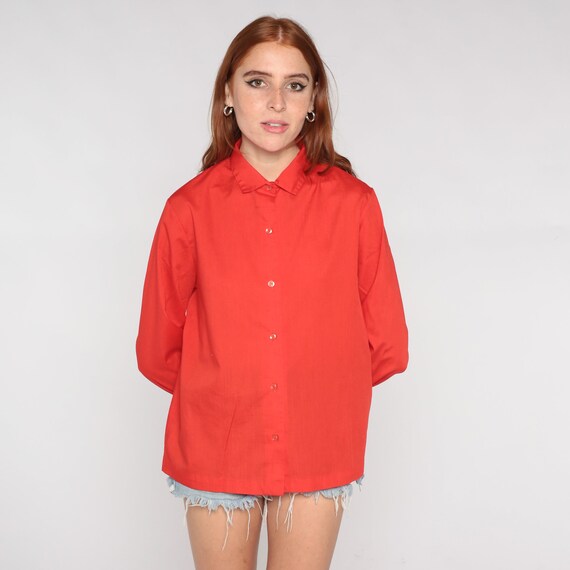Red Blouse 80s BUTTON UP Shirt 1980s Blouse Vintage Plain Simple Collared Shirt Retro Long Sleeve Medium