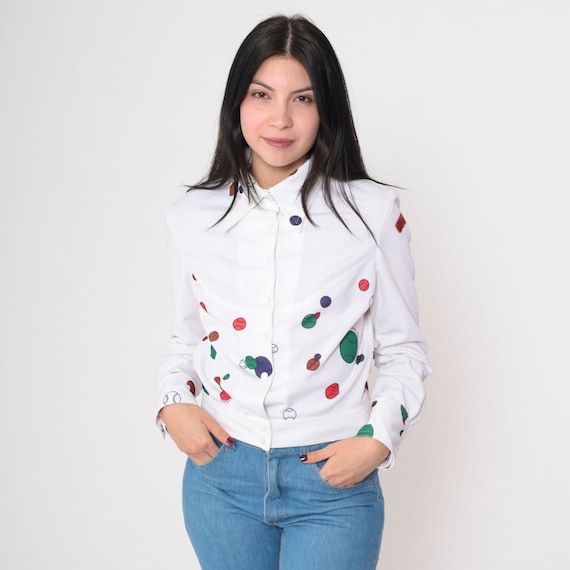 70s Tennis Blouse Oleg Cassini Shirt Vintage Sports Shirt 1970s Long Sleeve Button Up White Novelty Print Munsingwear Dagger Collar Medium