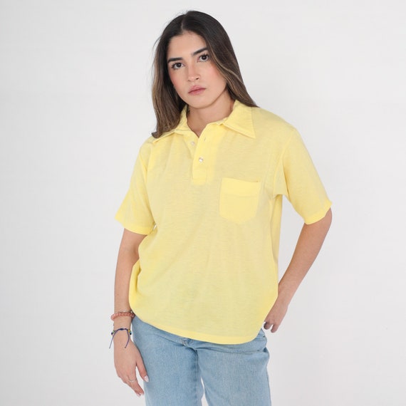 Yellow Polo Shirt 70s Button Up Shirt Short Sleeve Collared T-Shirt Retro Plain Basic Collar Preppy Solid Pastel Vintage 1970s Medium Large