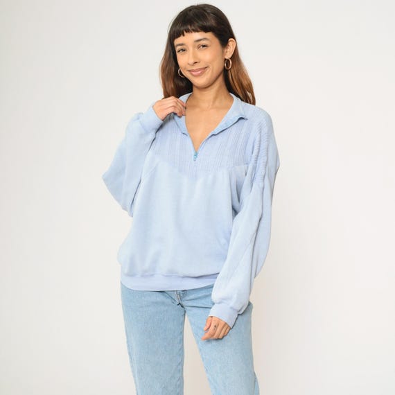 Vintage Light Blue Sweatshirt 80s Quarter Zip Up Textured Knit Retro Mock Neck Pullover Sweater Basic Casual 1980s Extra Large xl